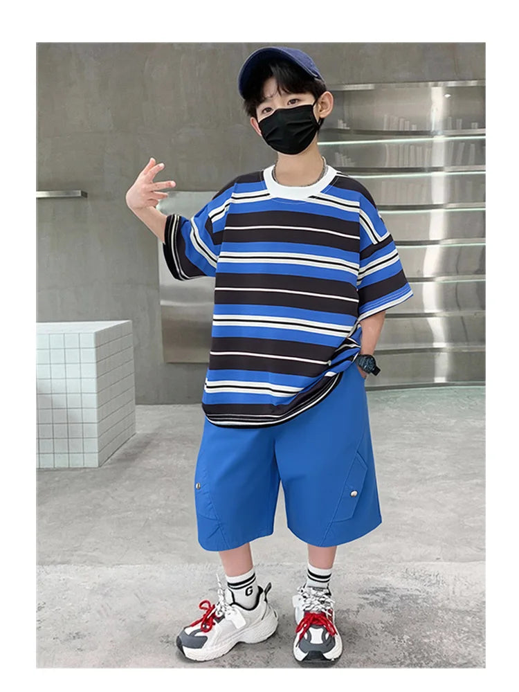 Elegant Children Summer Suit Outfit for Boy Striped Top and Bottom Set Kids Teenagers Cotton T-shirt Shorts 2 Pieces Clothes Set
