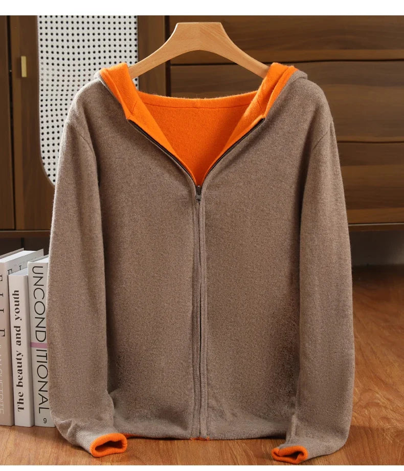Double-Sided Hooded Zippered Men's Cashmere Cardigan Autumn and Winter Contrasting Color Thickened Loose Casual Knitted Sweater