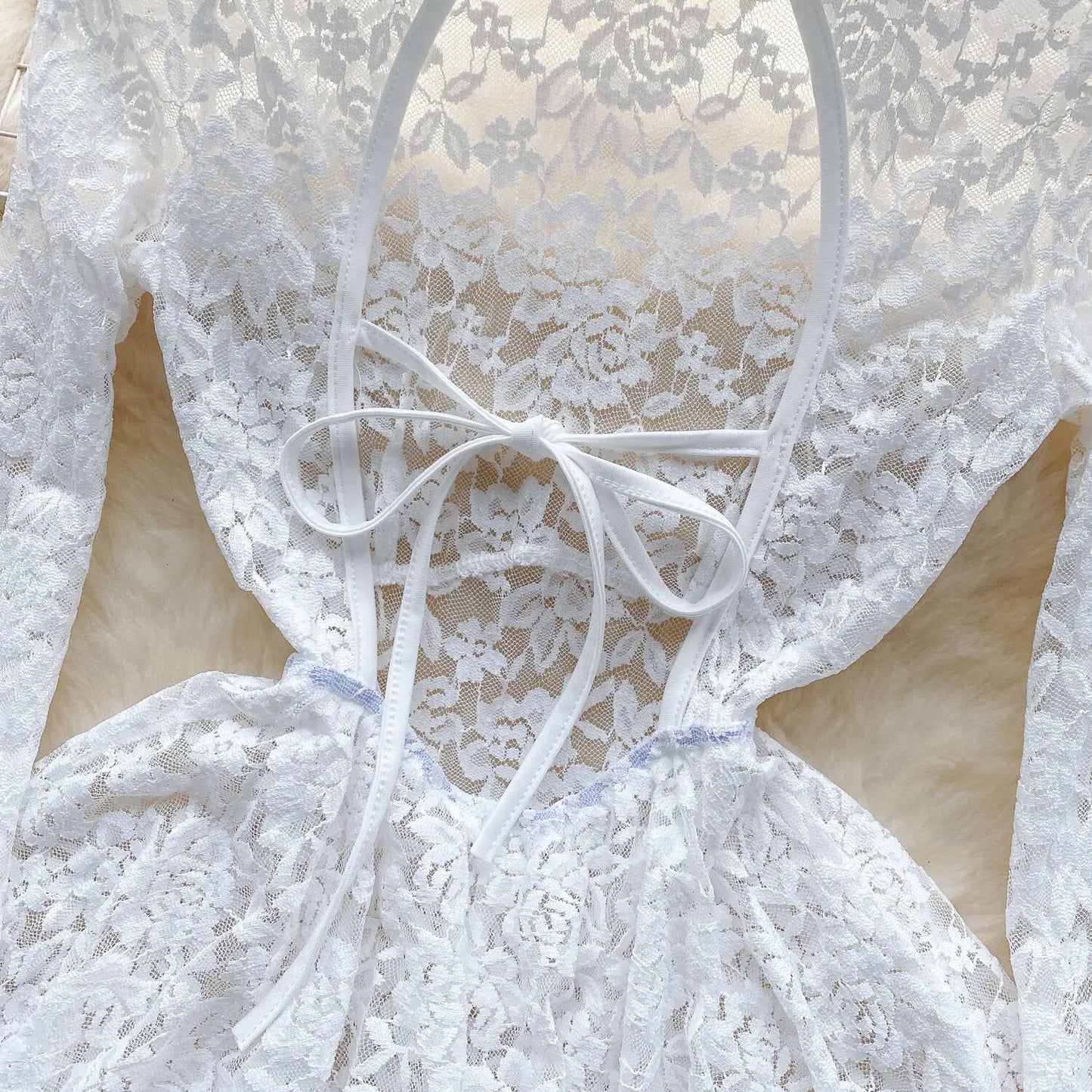 Women's Autumn Mesh Lace Hollow Out White Short Dress Women Micro Flare Sleeve See Through Translucent Sexy Girl's Mini Dress