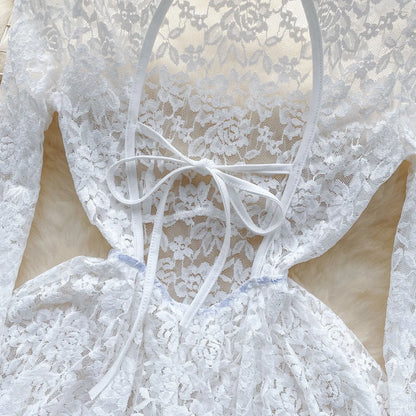 Women's Autumn Mesh Lace Hollow Out White Short Dress Women Micro Flare Sleeve See Through Translucent Sexy Girl's Mini Dress