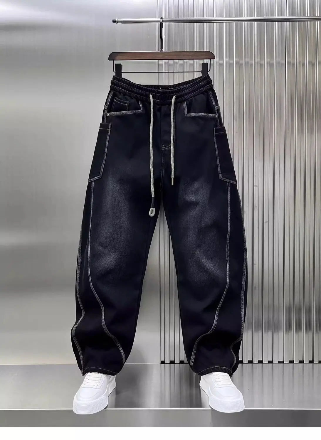 Spring Autumn 2025 New Splicing Cutting Elastic Waist Large Size Boys Washed Loose Wide Leg Big Pocket Scimitar Drawstring Jeans