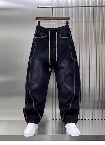 Spring Autumn 2025 New Splicing Cutting Elastic Waist Large Size Boys Washed Loose Wide Leg Big Pocket Scimitar Drawstring Jeans