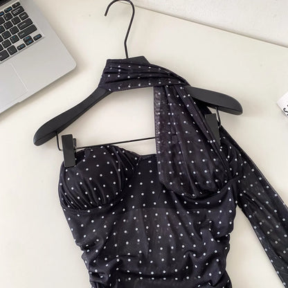 Polka Dot Holiday Top Women Strapless Backless Ribbons Sheer Spicy Girl Camisole 2026 Summer Mesh Hotsweet Sexy Camis