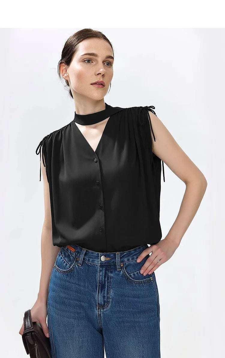 Sleeveless Women's Blouse 2026 Summer New Tie Neck Chiffon Top Flowy Loose Elegant Chic Office Shirt For Women 12642121