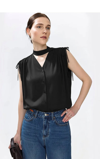 Sleeveless Women's Blouse 2026 Summer New Tie Neck Chiffon Top Flowy Loose Elegant Chic Office Shirt For Women 12642121