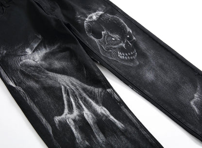 2026 Men's Blue 3D Printing Jeans, Black Wolf Pattern Printed Punk Straight Cotton Casual Print Denim Pants Asian Size 28-42
