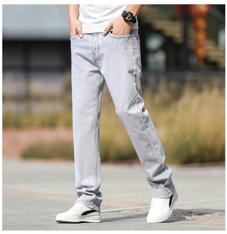 2026 Summer Brand New Men's Straight Loose Thin Jeans Simple Casual Clothing Lightweight Cotton Stretch Light Grey Jeans