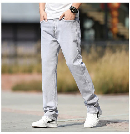 2026 Summer Brand New Men's Straight Loose Thin Jeans Simple Casual Clothing Lightweight Cotton Stretch Light Grey Jeans