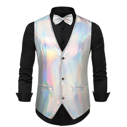 2025 New Gold, Silver, Pink, Purple Disco Glitter Vest for Men, Six Color Bright Men's Waistcoat with Bow Tie, Eur Size S-2XL