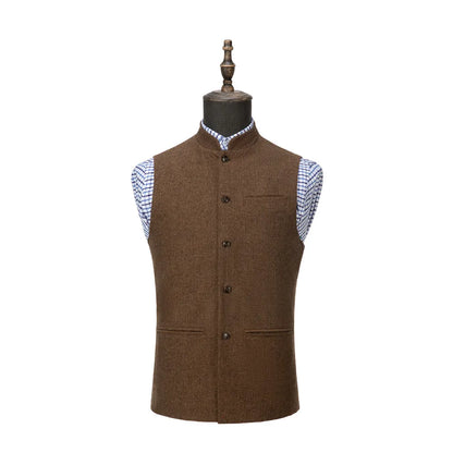 Men's Suit Vest Elegant Sleeveless Stand Collar Business Button Slim Fit Herringbone Waistcoat For Wedding