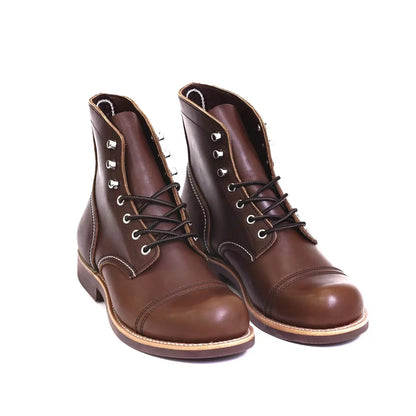 Durable Goodyear-Welted Motorcycle Rugged Heritage Boots Vintage Oil Genuine Leather 8111 Red Punk For Men Cowhide Mid-Cut Shoes