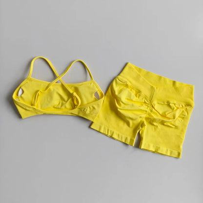 Seamless 2PCS Leggings Set Women Seamless Yoga Set High Waist Scrunch Butt Shorts With Halter Sports Bras Workout Gym Suit Set