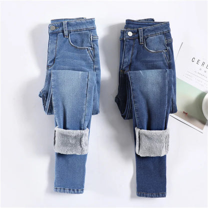 2023 Fashion Women Stretch High Waist Pencil Pants Casual Female Velvet Jeans High Quality Fleece Mom Jeans Thick Plush Pants