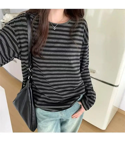 Autumn Women Harajuku Striped T Shirt Long Sleeve O-Neck Casual Oversize Top Femme Streetwear Black Grey Loose Street Tops Y2K