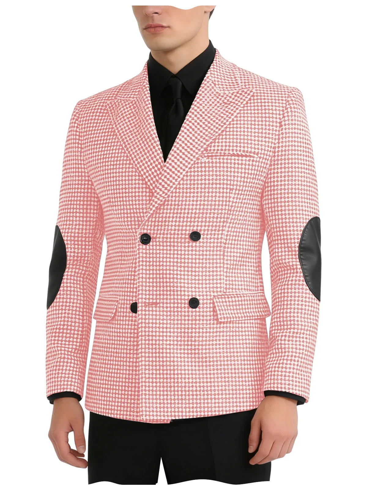 Men's Vintage Houndstooth Blazer Notch Lapel Leather Elbow Patches Slim Fit Jacket Business Casual Sport Coat For Spring Autumn