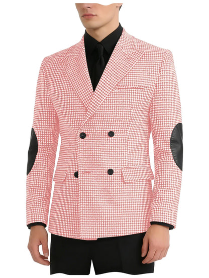Men's Vintage Houndstooth Blazer Notch Lapel Leather Elbow Patches Slim Fit Jacket Business Casual Sport Coat For Spring Autumn