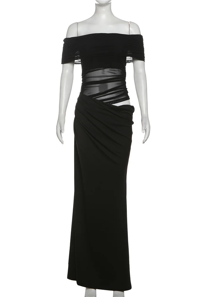 Ruched Irregular Dress Women Mesh Patchwork Slash Neck Short Sleeve Skinny Stretch Trend Elegant Long Bodycon Outfits
