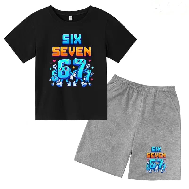 Boys Girls 3-12Y Summer Fashion Outfit 67 Number Cartoon Print T-shirt and Shorts Casual Two-Piece Clothing Set