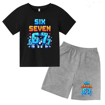Boys Girls 3-12Y Summer Fashion Outfit 67 Number Cartoon Print T-shirt and Shorts Casual Two-Piece Clothing Set