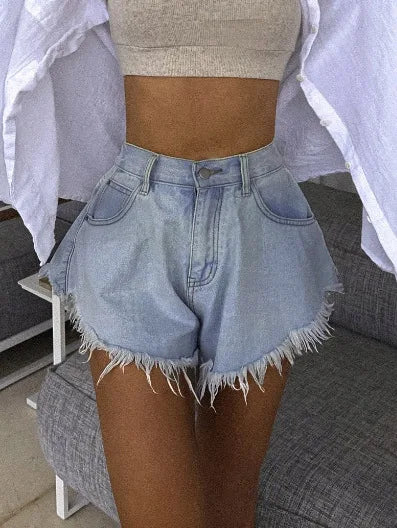 2026 New Umbrella Denim Shorts Women High Waist Blue Tassel Jean Booty Shorts