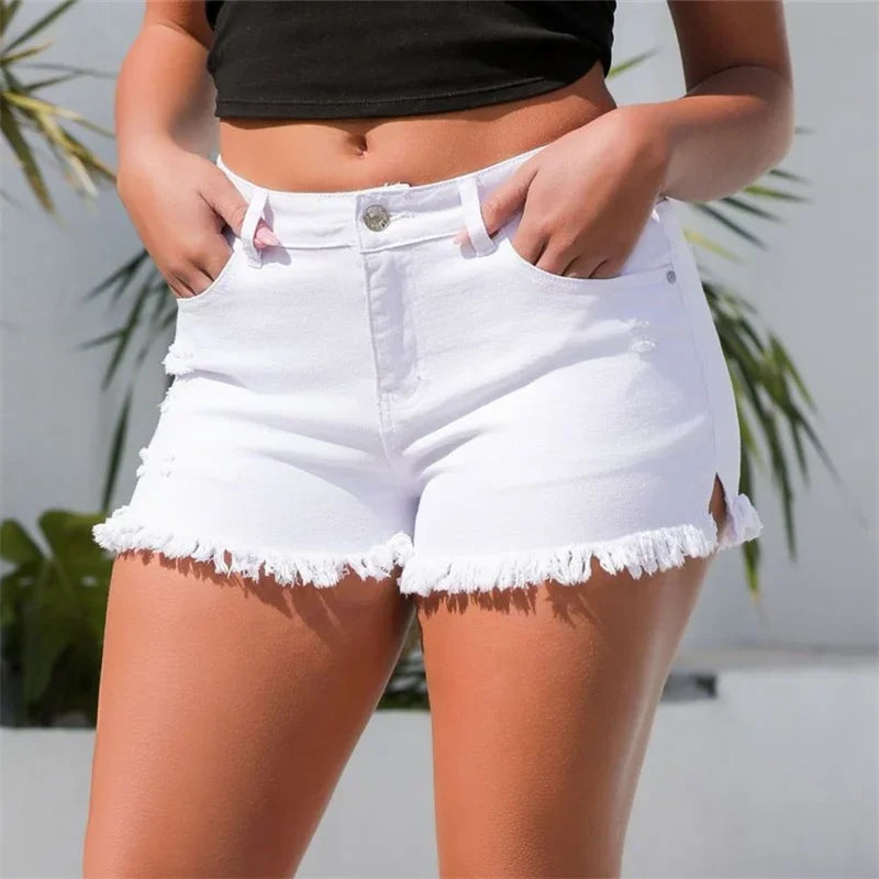 Women Summer Split Tassel Trouser Legs Denim Shorts Vintage Broken Holes Three Quarter Pants Female Casual High Waist Mini Jeans