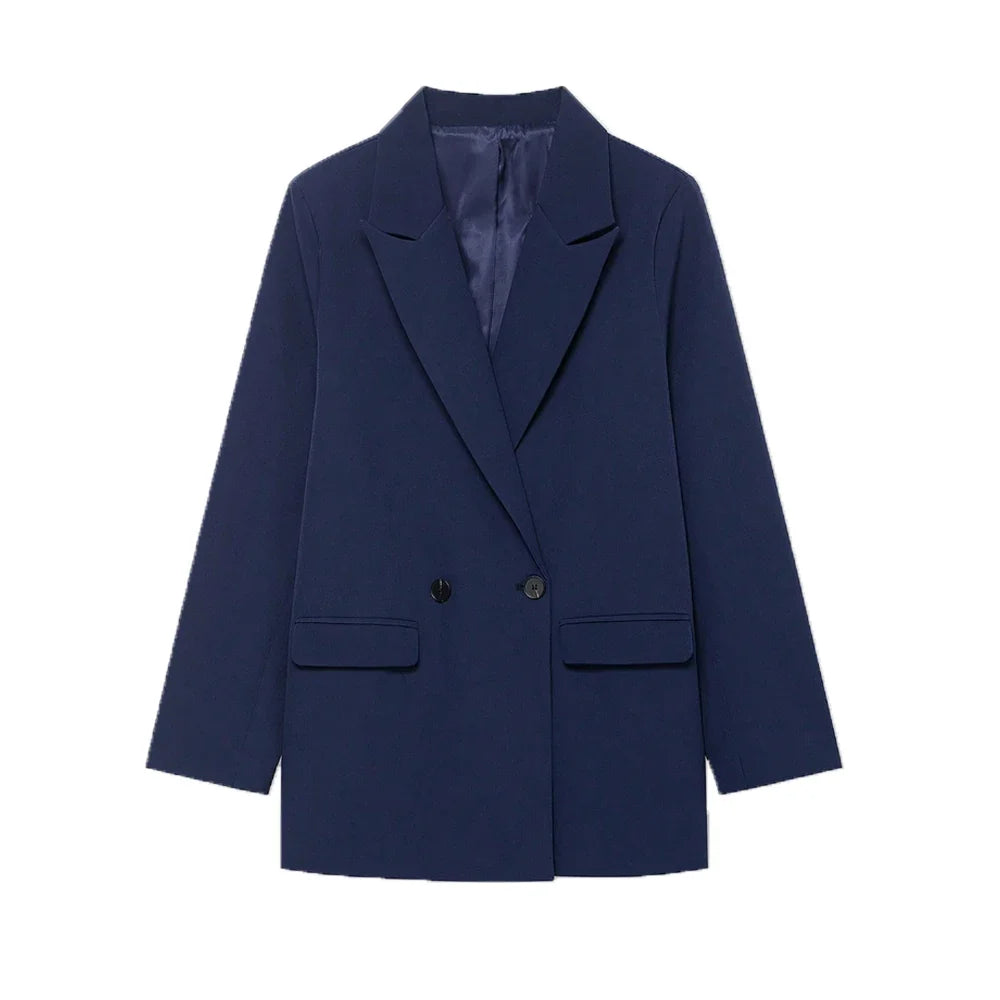 Women's Double-Breasted Solid Color Blazer Coat Long Sleeve Office Wear for Spring Autumn Winter Old Money Style