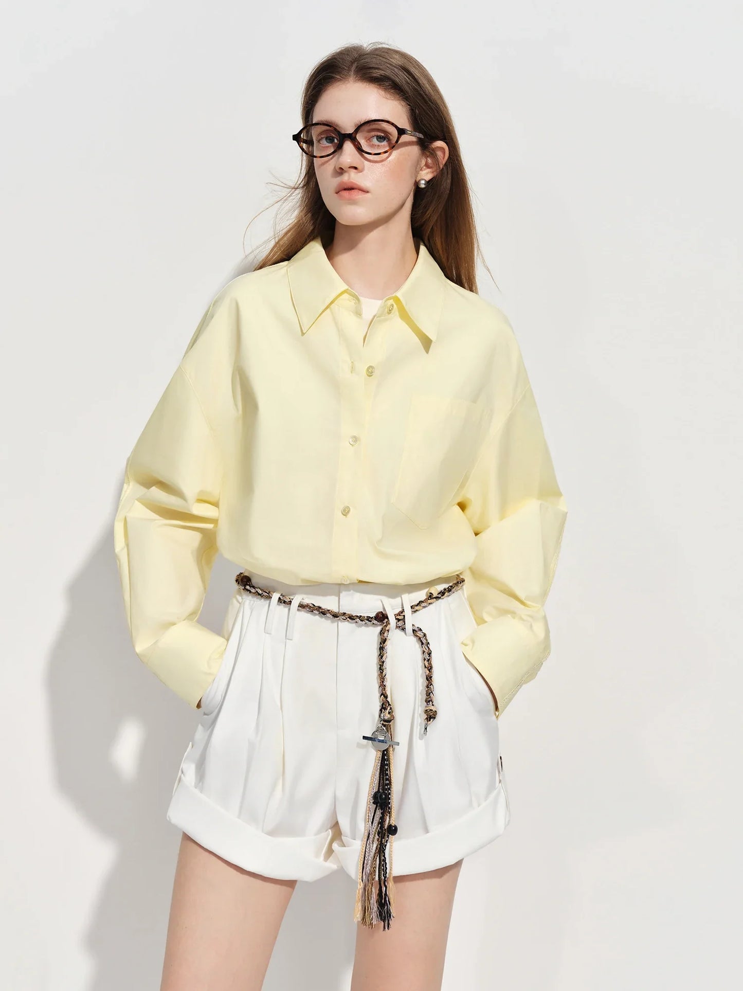 Women's French Loose Fit Cotton Shirt Long Sleeve Layering Top with Web Strap Detail Casual Oversized Blouse