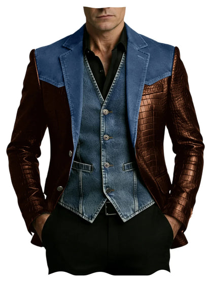 Men's Patchwork Denim & Crocodile Leather Blazer Two-Tone Western Style Suit Jacket Vintage Casual Fashion Coat