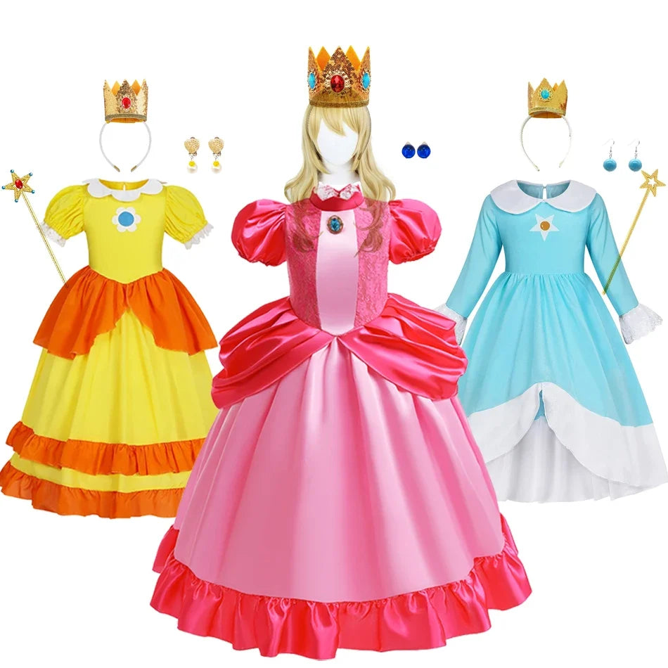 Dress Girls Peach Costume Daisy Cosplay Children Birthday Party Carnival Fancy Outfit