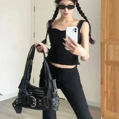 Belt buckle Women Luxury Designer Handbag And Purses PU Rivet Multiple Pockets Y2K Large Capacity Shoulder bags big totes