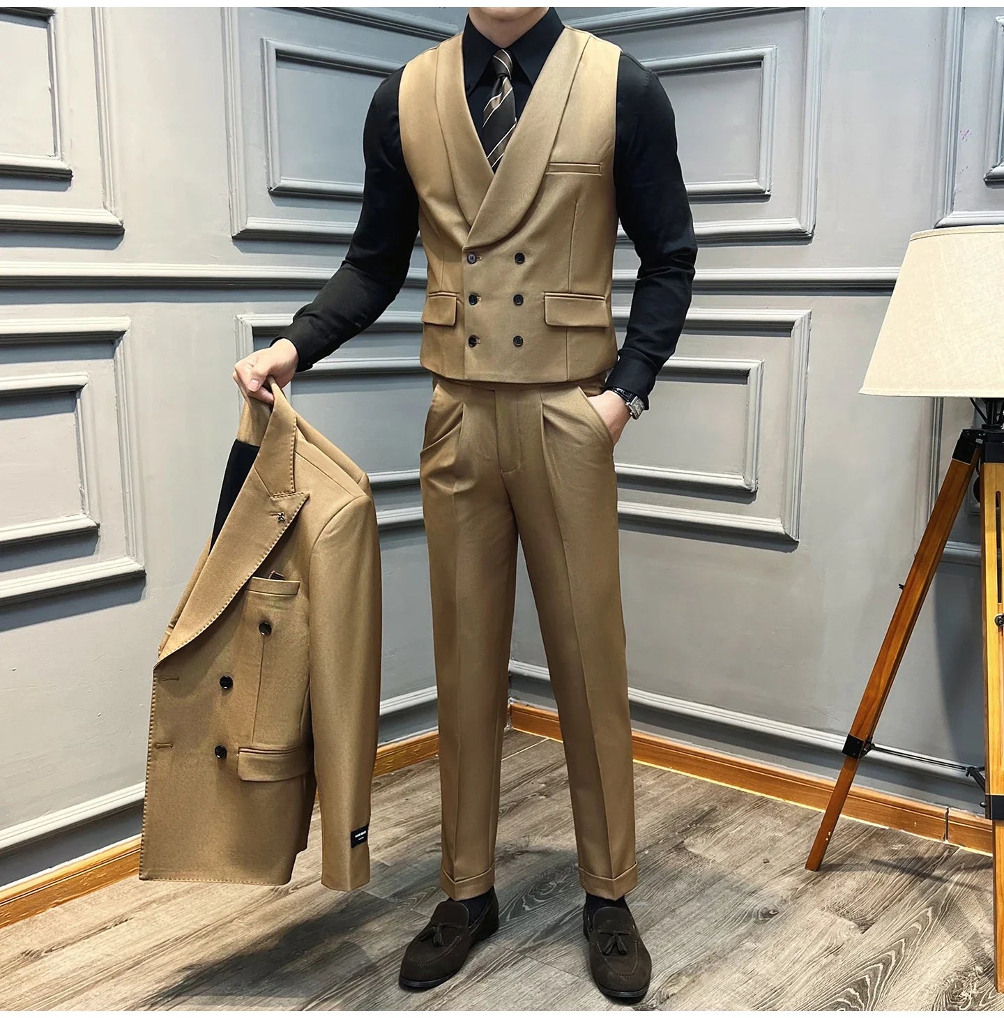 ( Vest + Pants) High-end Brand Solid Color Suit Vest 2 pieces Men Luxury Double Breasted Design Fashion Vest Set Club Clothing