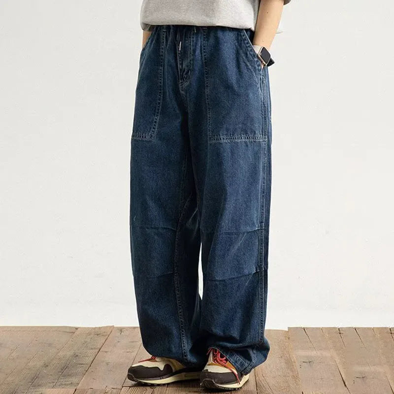 Spring And Autumn Japanese Style Oversized Straight Leg Jeans Loose Drawstring Workwear Pants Wide Leg Pants  Men'S Pants