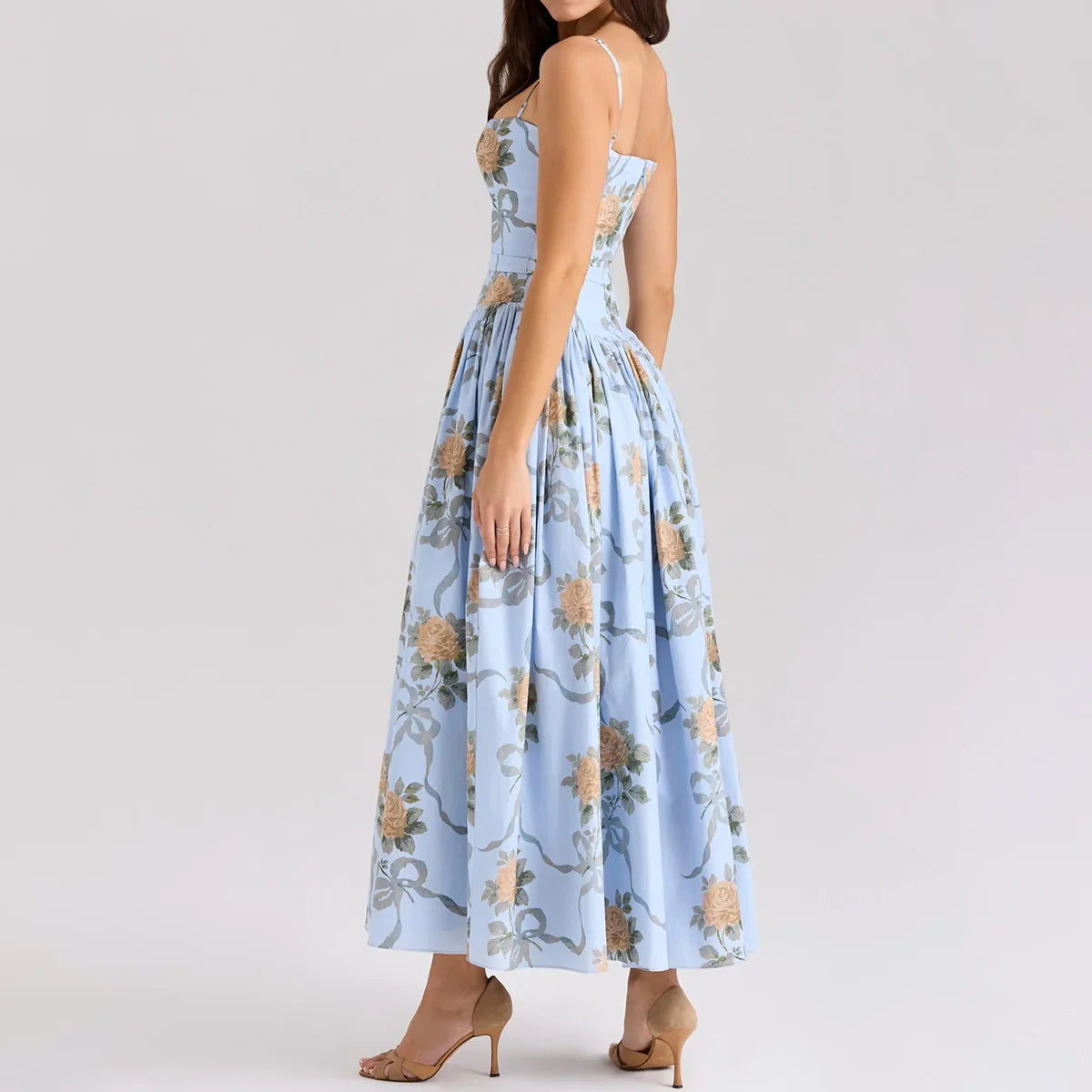 Summer Floral Print Dress Elegant 2025 New Arrivals Spaghetti Strap Flare Dress Maxi Holiday Party Dresses Women