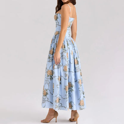 Summer Floral Print Dress Elegant 2025 New Arrivals Spaghetti Strap Flare Dress Maxi Holiday Party Dresses Women