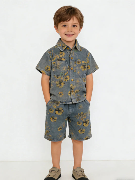 Boys Vintage Floral Print Denim Set Kids 2 Piece Short Sleeve Shirt and Shorts Children Loose Fit Casual Outfit 2026 New