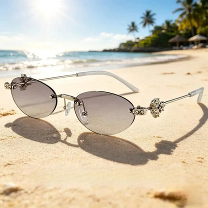 Women's Fashion Glasses Exquisite Diamond Decoration Sunglasses Oval Shaped Frame Cut Edge Frameless Small Outdoor Sun Glasses