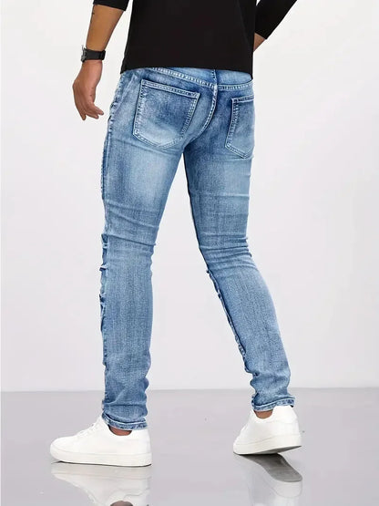 Two tone distressed patchwork jeans for men trendy jeans for summer thin straight leg pants slim fit small leg distressed jeans