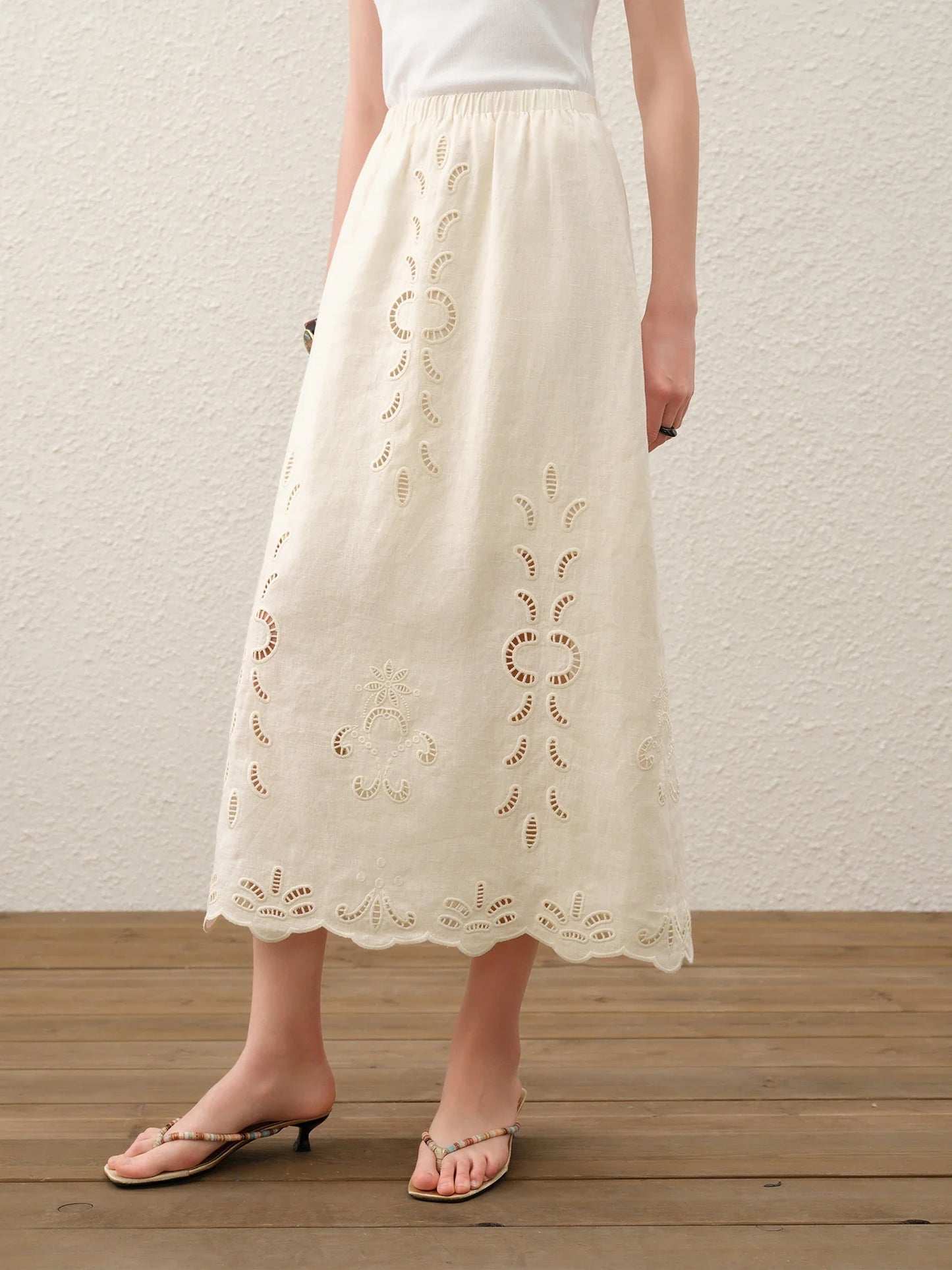 Summer Women Linen Two Piece Set Cut-Out Embroidered Sleeveless Top Midi Skirt Boho Beach Vacation Style
