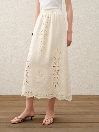Summer Women Linen Two Piece Set Cut-Out Embroidered Sleeveless Top Midi Skirt Boho Beach Vacation Style