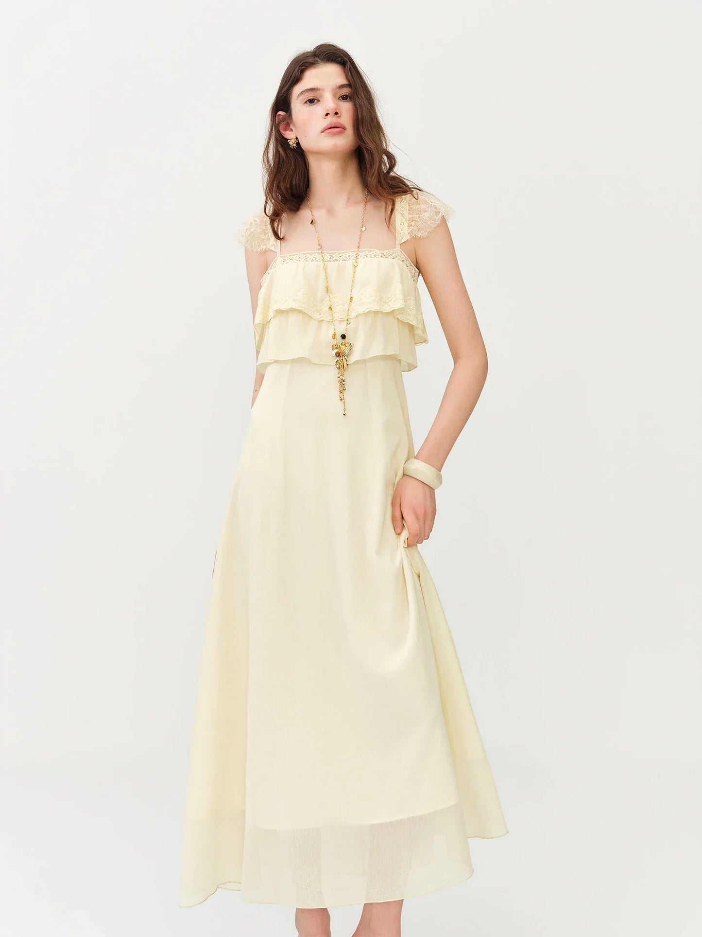 2026 Summer Women's Cap Sleeve Ruffle Hem Slip Dress, Slim Fit Flowy Maxi Dress for Y2K Coquette & Romantic Vacation Style