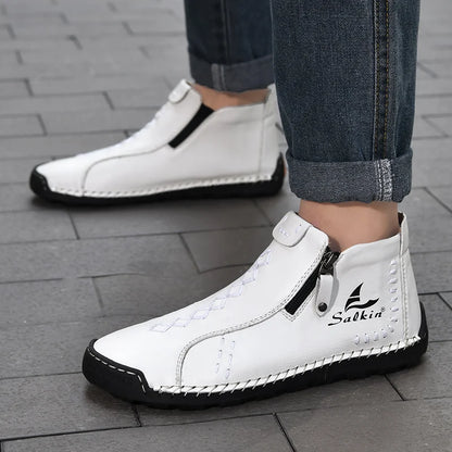 New Winter 2024 Handmade Leather Men Boots Zipper Design Sneakers Man Breathable Casual Leather Shoes Men Ankle Boots Outdoor