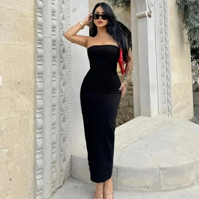 2025 Womens Strapless Dresses Summer Off White Black White Dress Midi Ruffled Off Shoulder Backless Dress Prom Vestidos 066
