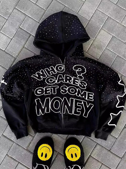 Y2K Trendy American Letter Pattern Loose Casual Hooded Zipper Retro Hoodie Fashionable Jacket