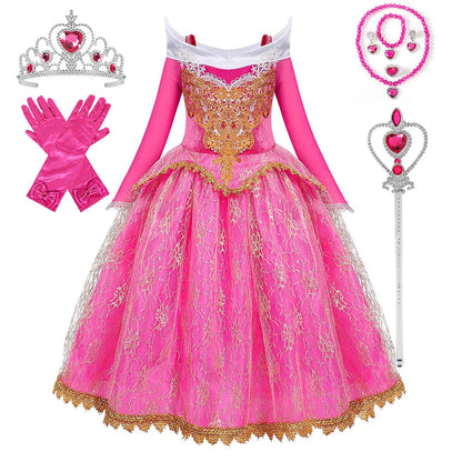 Exquisite Princess Ball Gown Sleeping Beauty Fairy Tale Costume Play Lace Gold Rim Deluxe Christmas Aurora Party Dress 2 4 6 8Yr