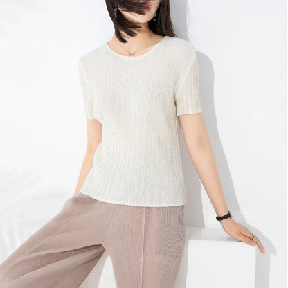 Miyake Pleated Short Sleeve Women's 2023 Summer New Thin Stretch Crew Neck All-Matching Slim Fit Pleated Hollow T-shirt Women