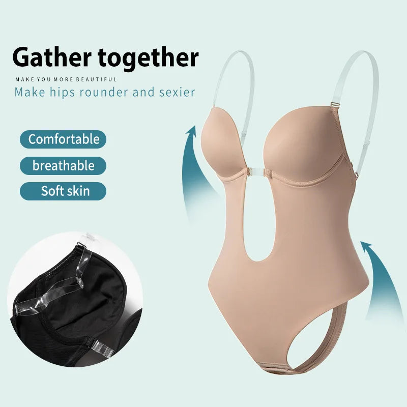 One-Piece Deep V-Neck Push Up Body Shapewear Bodysuit Women's Thong Bottom Underwear Slimming U-Shaped Low Back Backless Corset