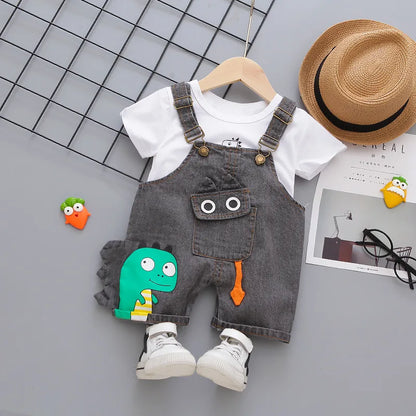 Summer Baby Boys Clothes Suit Toddler Kids Jumpsuit Boys Suspender Denim Shorts&Tshirt 2 pcs Sets Children Clothes Elastic Jeans