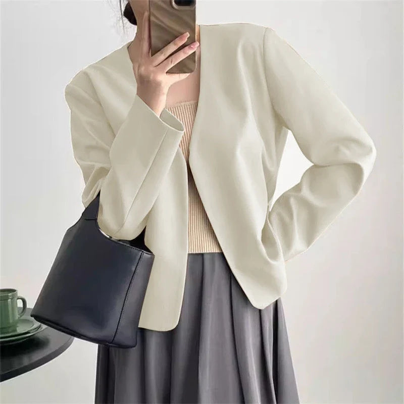 2025 Spring Autumn Fashion New Women's Suit Jackets Solid Short Coats Korean Blazers Long Sleeve Cardigan Coat Without Placket