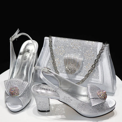 2024 Italian Design Girly Style Golden Color Wedding Shoes And Bag Full Diamond Decoration Metal Closure Bags