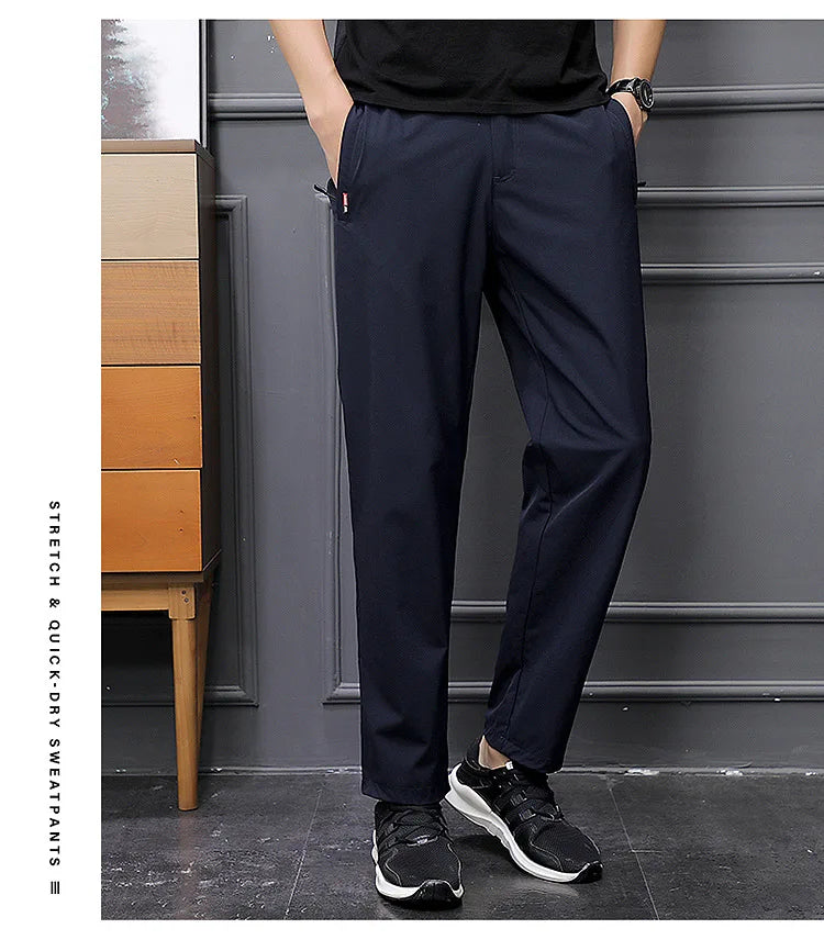 Men's Summer Cargo Pants Big Size Ice Silk Stretch Breathable Straight Leg Pants Quick Dry Elastic Lightweight Long Trousers